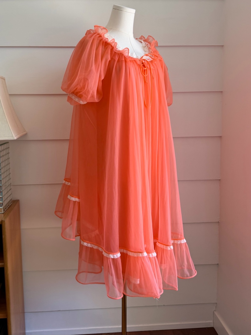 Vintage Peignoir Set Slip and Robe with Lace Trim 60s
